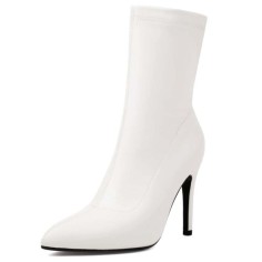Pointed Toe Stiletto Heels Pull On Ankle Highs Boots - White Faux Leather