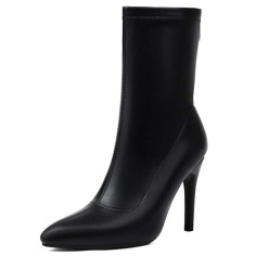 Pointed Toe Stiletto Heels Back Zipper Ankle Highs Boots - Black Faux Leather