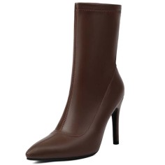 Pointed Toe Stiletto Heels Back Zipper Ankle Highs Boots - Brown Faux Leather