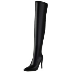 Pointed Toe Stiletto Heels Zipper Over The Knee Thigh High Boots - Black Faux Leather