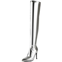 Pointed Toe Stiletto Heels Zipper Over The Knee Thigh High Boots - Silver Faux Leather