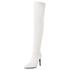Pointed Toe Stiletto Heels Zipper Over The Knee Thigh High Boots - White Faux Leather