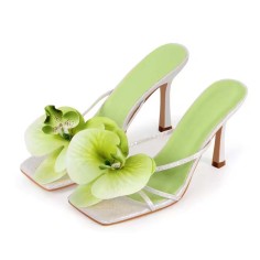 Square Open Toe Stiletto Heels Flower Orchid Sandals - Green Faux Leather