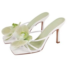 Square Open Toe Dot Heels Toe Flower Summer Sandals  - Light Green Faux Leather