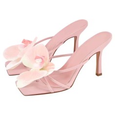 Square Open Toe Dot Heels Toe Flower Summer Sandals  - Light Pink Faux Leather