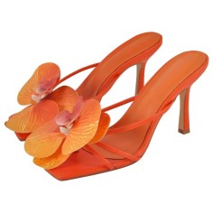 Square Open Toe Dot Heels Toe Flower Summer Sandals  - Orange Faux Leather