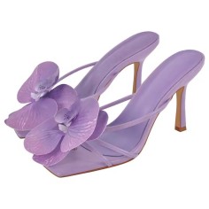 Square Open Toe Dot Heels Toe Flower Summer Sandals  - Purple Faux Leather