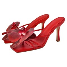 Square Open Toe Stiletto Heels Flower Orchid Sandals - Red Faux Leather