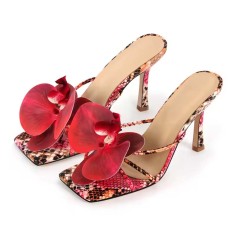 Square Open Toe Dot Heels Toe Flower Summer Sandals  - Snake Print Red Faux Leather