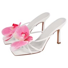Square Open Toe Dot Heels Toe Flower Summer Sandals  - White Faux Leather