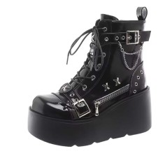Round Toe Buckle Straps Lace Up Platforms Punk Goth Zip Wedges Ankle Highs Boots - Black Patent