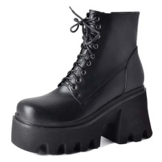Square Toe Lace Up Platforms Side Zipper Chunky Heels Ankle Highs Boots - Black Faux Leather