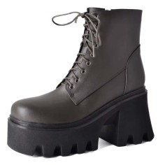 Square Toe Lace Up Platforms Side Zipper Chunky Heels Ankle Highs Boots - Brown Faux Leather