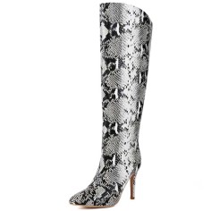 Pointed Toe Stiletto Heels Knee High Snake Print Boots - Black Faux Leather