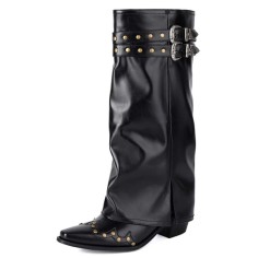 Pointed Toe Chunky Heels Knee Highs Riding Rivet Decorated Turned-over Edge Winter Boots - Black Faux Leather