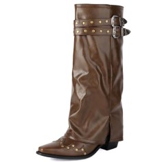 Pointed Toe Chunky Heels Knee Highs Riding Rivet Decorated Turned-over Edge Winter Boots - Brown Faux Leather
