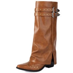 Pointed Toe Chunky Heels Knee Highs Riding Rivet Decorated Turned-over Edge Winter Boots - Dark Yellow Brown Faux Leather