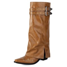Pointed Toe Chunky Heels Knee Highs Riding Rivet Decorated Turned-over Edge Winter Boots - Light Yellow Brown Faux Leather