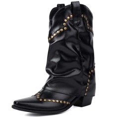 Pointed Toe Chunky Heels Knee Highs Short Riding Rivet Decorated Boots - Black Faux Leather