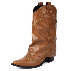 Pointed Toe Chunky Heels Knee Highs Short Riding Rivet Decorated Boots - Light Yellow Brown Faux Leather