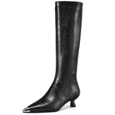Pointed Toe Kitten Heels Rustic Style Side Zipper Chelsea Boots - Black Leather
