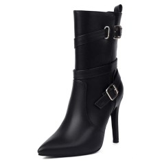 Pointed Toe Stiletto Heels Side Zipper Ankle Highs Buckle Straps Boots - Black Faux Leather