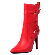 Pointed Toe Stiletto Heels Side Zipper Ankle Highs Buckle Straps Boots - Red Faux Leather