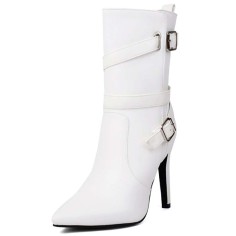 Pointed Toe Stiletto Heels Side Zipper Ankle Highs Buckle Straps Boots - White Faux Leather