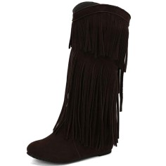 Round Toe Fringes Decorated Knee Highs Wedges Boots - Brown Flock
