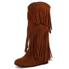 Round Toe Fringes Decorated Knee Highs Wedges Boots - Orange Flock