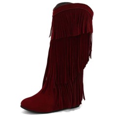Round Toe Fringes Decorated Knee Highs Wedges Boots - Red Flock