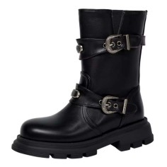 Round Toe Decorated Buckle Straps Low Heels Motorcycle Riding Boot - Black Faux Leather