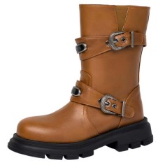 Round Toe Decorated Buckle Straps Low Heels Motorcycle Riding Boot - Brown Faux Leather