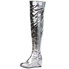 Round Toe Ovet The Knees Thigh High Metallic Wedges Boots - Silver Faux Leather