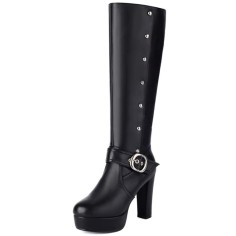 Round Toe Knee Highs Cuban Heels Side Zipper Punk Goth Buckle Straps Platforms Boots - Black Faux Leather