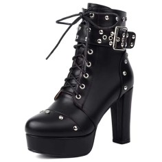 Round Toe Ankle Highs Cuban Heels Rivet Decorated Platforms Punk Goth Buckle Straps Boots - Black Faux Leather
