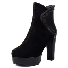 Round Toe Ankle Highs Cuban Heels Back Zipper Winter Platforms Boots - Black Flock