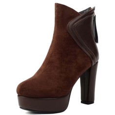 Round Toe Ankle Highs Cuban Heels Back Zipper Winter Platforms Boots - Brown Flock