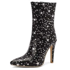 Pointed Toe Stiletto Heels Ankle Highs Zipper Stars Printed Booties - Black Faux Leather