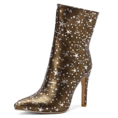 Pointed Toe Stiletto Heels Ankle Highs Zipper Stars Printed Booties - Gold Faux Leather