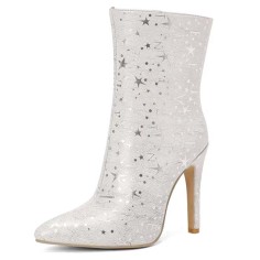 Pointed Toe Stiletto Heels Ankle Highs Zipper Stars Printed Booties - White Faux Leather