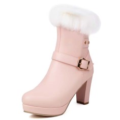Round Toe Fluffy Fur Winter Ankle Highs Platforms Chunky Heels Boots - Pink Faux Leather