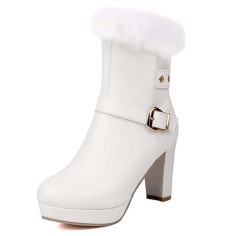 Round Toe Fluffy Fur Winter Ankle Highs Platforms Chunky Heels Boots - White Faux Leather