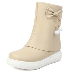 Round Toe Sweet Waterproof Ribbon Decorated Lolita Ankle Highs Flats Boots - Apricot Tan Faux Leather