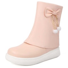 Round Toe Sweet Waterproof Ribbon Decorated Lolita Ankle Highs Flats Boots - Pink Faux Leather