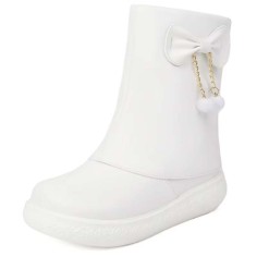 Round Toe Sweet Waterproof Ribbon Decorated Lolita Ankle Highs Flats Boots - White Faux Leather