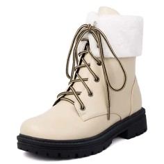 Round Toe Lace Up Fluffy Fur Winter Ankle Highs Boots - Beige Faux Leather