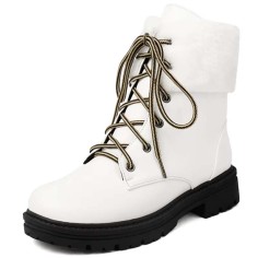 Round Toe Lace Up Fluffy Fur Winter Ankle Highs Boots - White Faux Leather