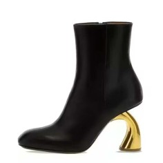 Round Toe Side Zipper Golden Strange Heels Ankle Highs Booties - Black Faux Leather