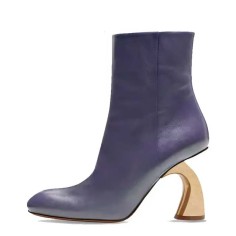 Round Toe Side Zipper Golden Strange Heels Ankle Highs Booties - Blue Faux Leather